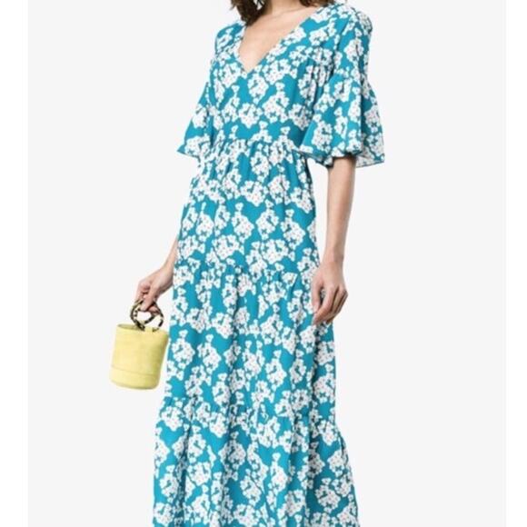 Borgo De Nor Teodora Crepe Dress Bouquet Blue White Flutter Sleeve Maxi Size 2 - Picture 3 of 14